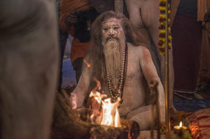 Sadhus  seated around campfires