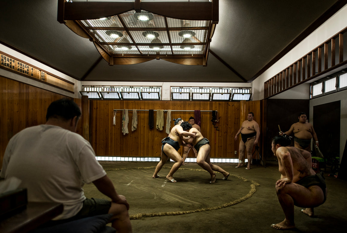 Sumo wrestlers training in their stables