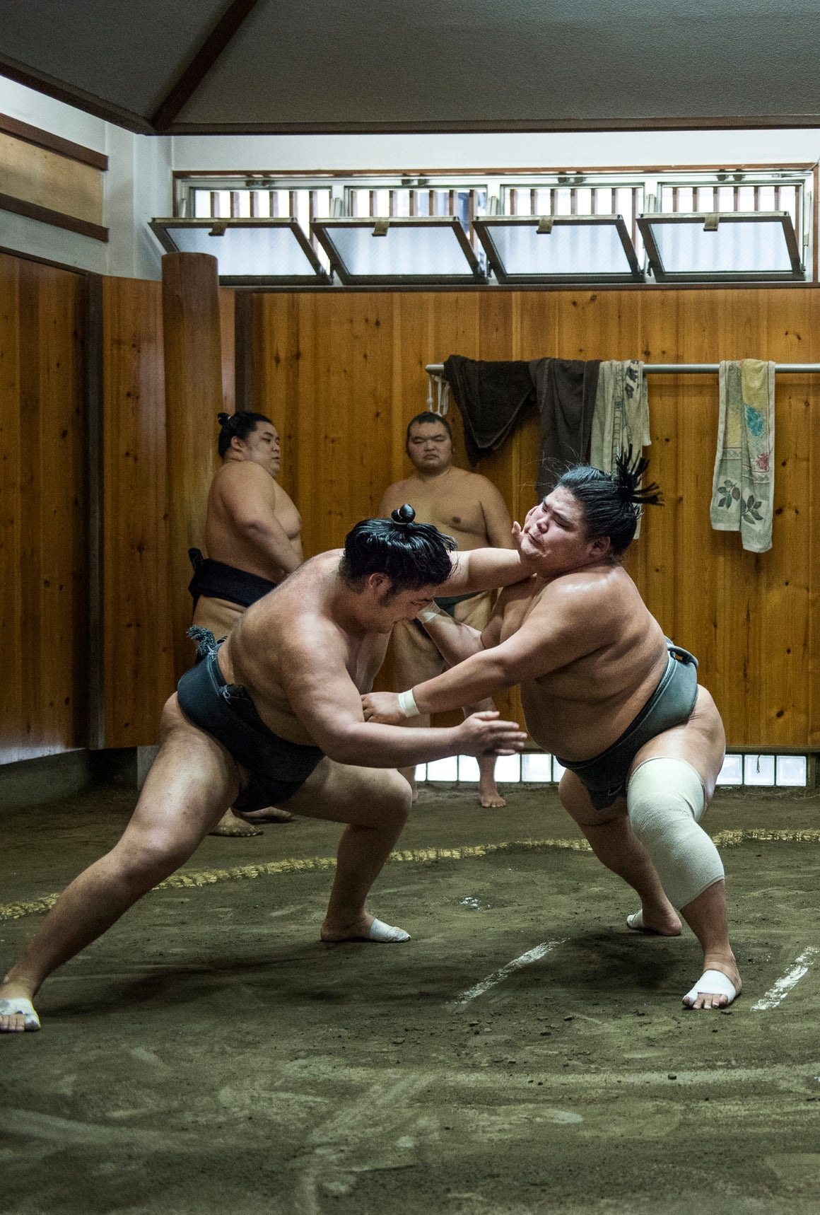 Sumo wrestlers training in their stables