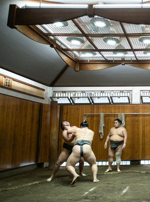 Sumo wrestlers training in their stables